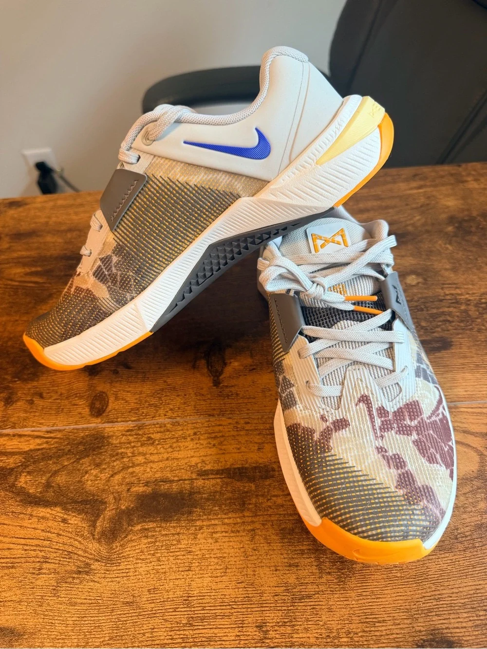 Nike Gray and Orange Camouflage Metcons Knit Trainers with Blue Swoosh NoLid Box